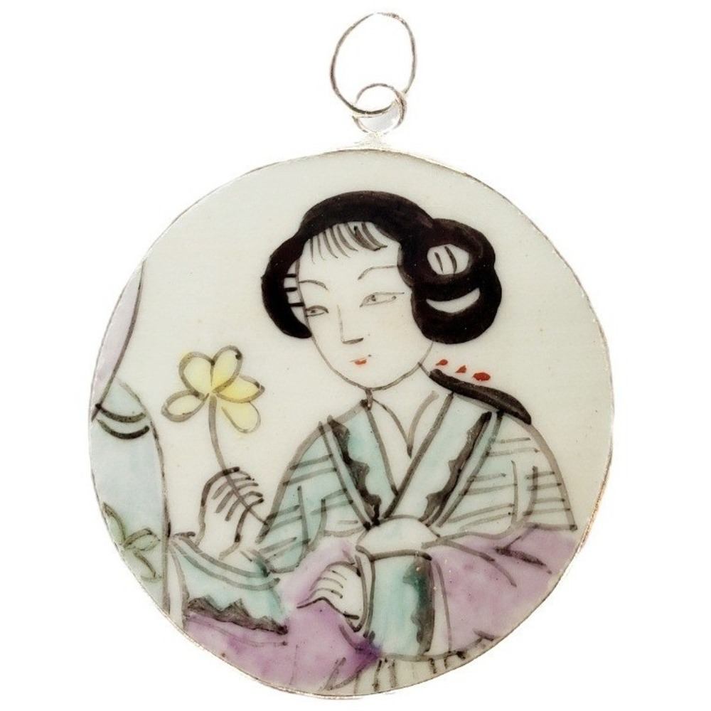 Geisha Pottery Shard Pendant Woman with Flower Vintage Hand Painted‎ Porcelain